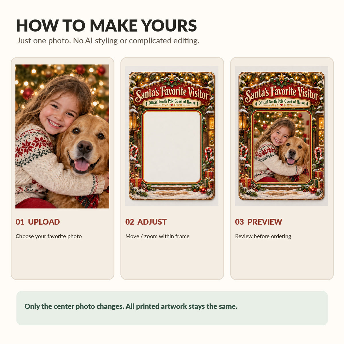 Three step custom photo process: upload adjust and preview Santa's Favorite Visitor metal sign