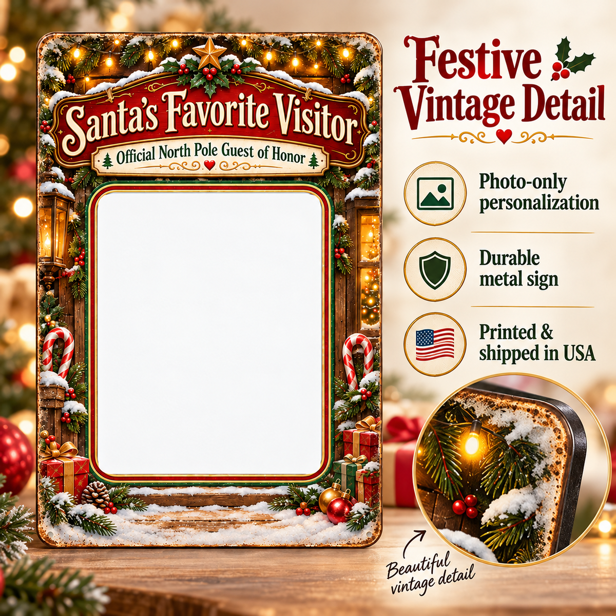 Santa's Favorite Visitor photo-only custom metal sign, festive vintage printed artwork details
