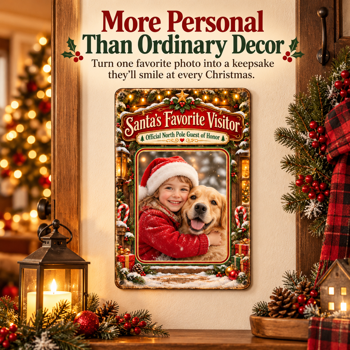 Personalize your Christmas home decor with a favorite child and dog photo on Santa's Favorite Visitor sign