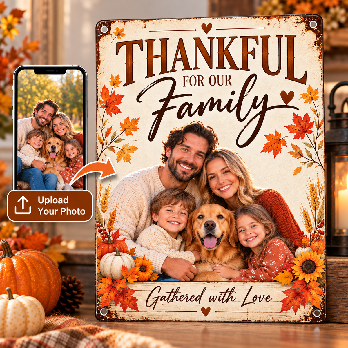 Thankful for Our Family custom Thanksgiving 8x12 metal sign with family photo and photo upload example