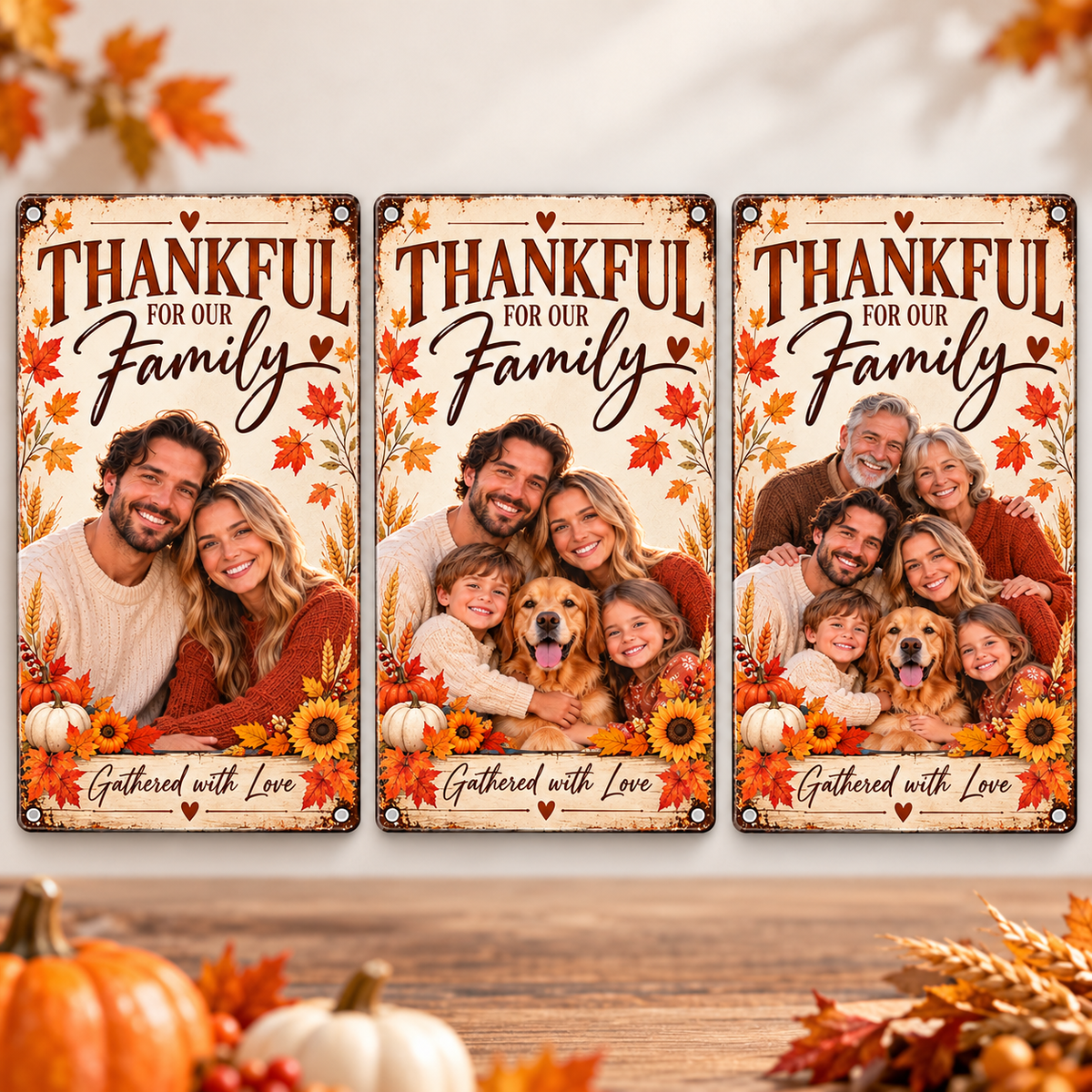 Three family photo personalization examples using the same Thanksgiving metal sign template