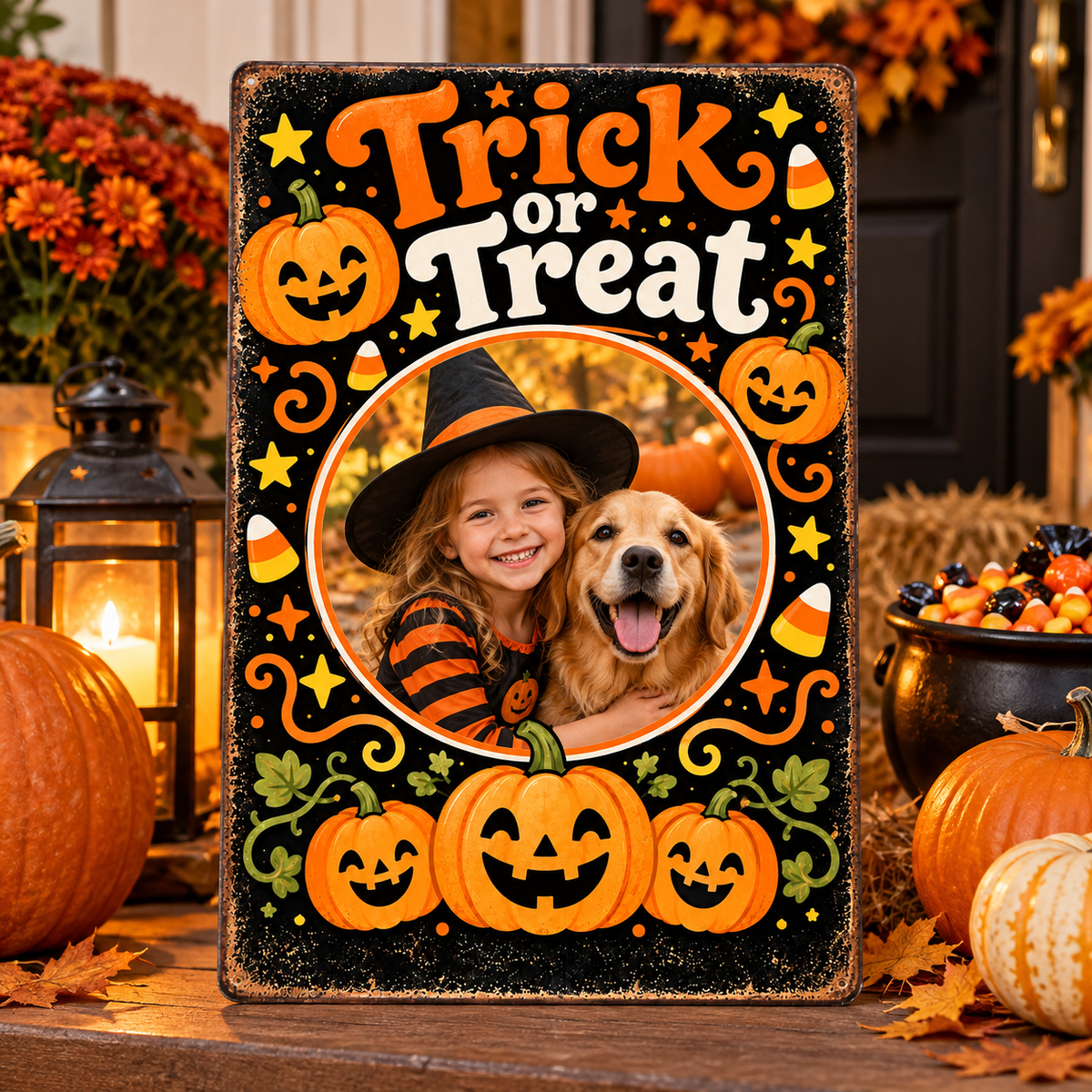 Trick or Treat personalized photo metal sign featuring a smiling child and golden retriever in a warm Halloween display