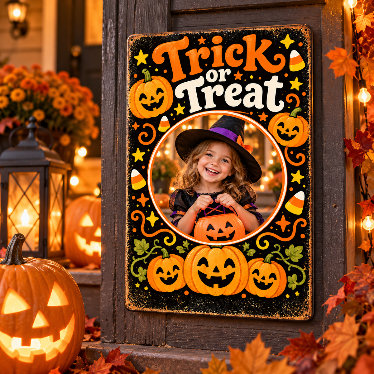 Custom Trick or Treat Halloween photo metal sign with smiling child in witch costume displayed in cozy pumpkin-lit porch scene