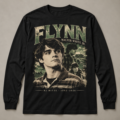 RJ Mitte tribute black long sleeve shirt with Walter White Jr Flynn vintage collage print